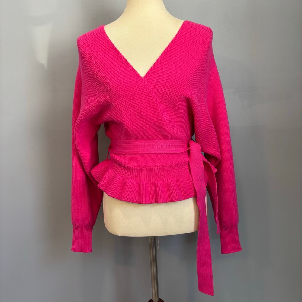 Lulus Hot Pink Faux Wrap Ribbed Knit Sweater Peplum Top S Balletcore Coquette